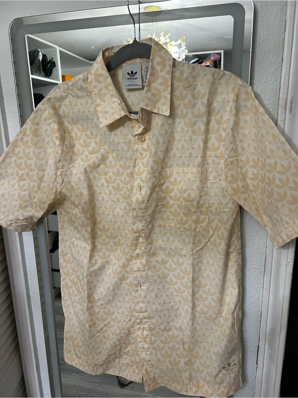 adidas Men’s Short Sleeve Pale Yellow Patterned Button-Down Shirt